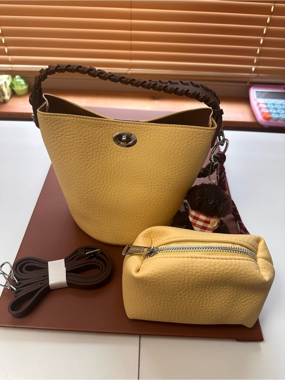 Yellow Pebbled Leather Mini Bucket Bag with Zip Pouch